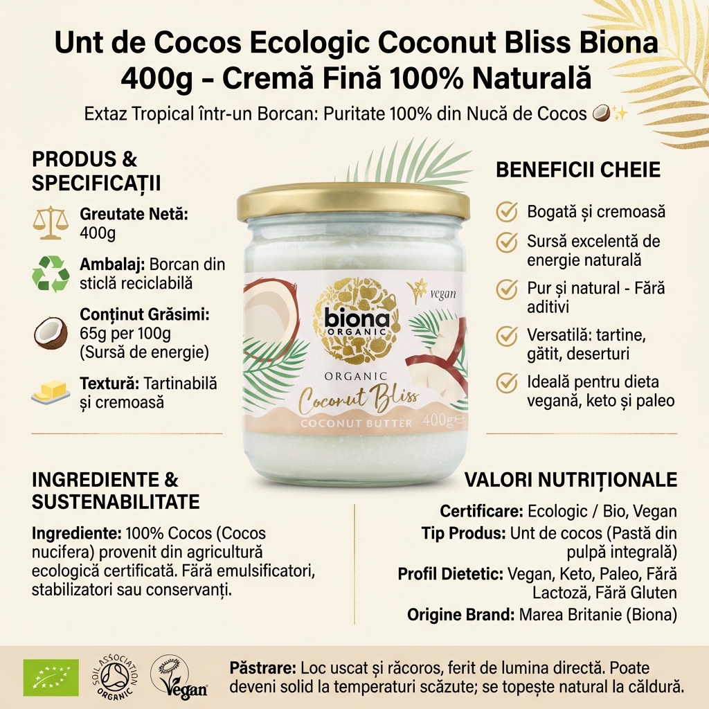 Unt de Cocos Ecologic Coconut Bliss Biona 400g - Cremă Fină 100% Naturală 4