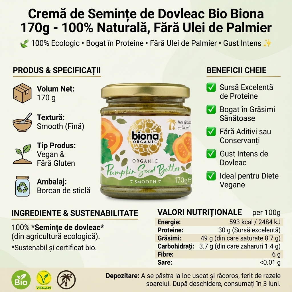 Cremă de Semințe de Dovleac Bio Biona 170g - 100% Naturală, Fără Ulei de Palmier 4
