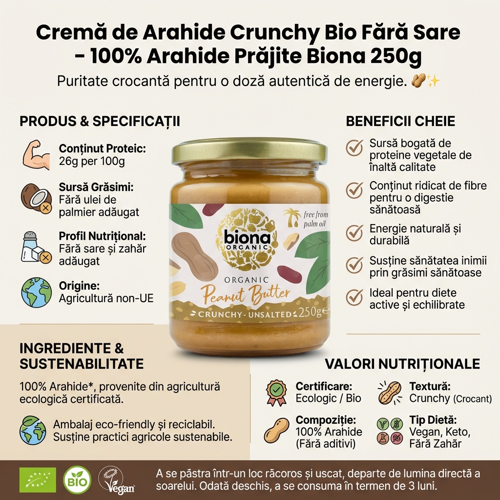 Cremă de Arahide Crunchy Bio Fără Sare - 100% Arahide Prăjite Biona 250g 4