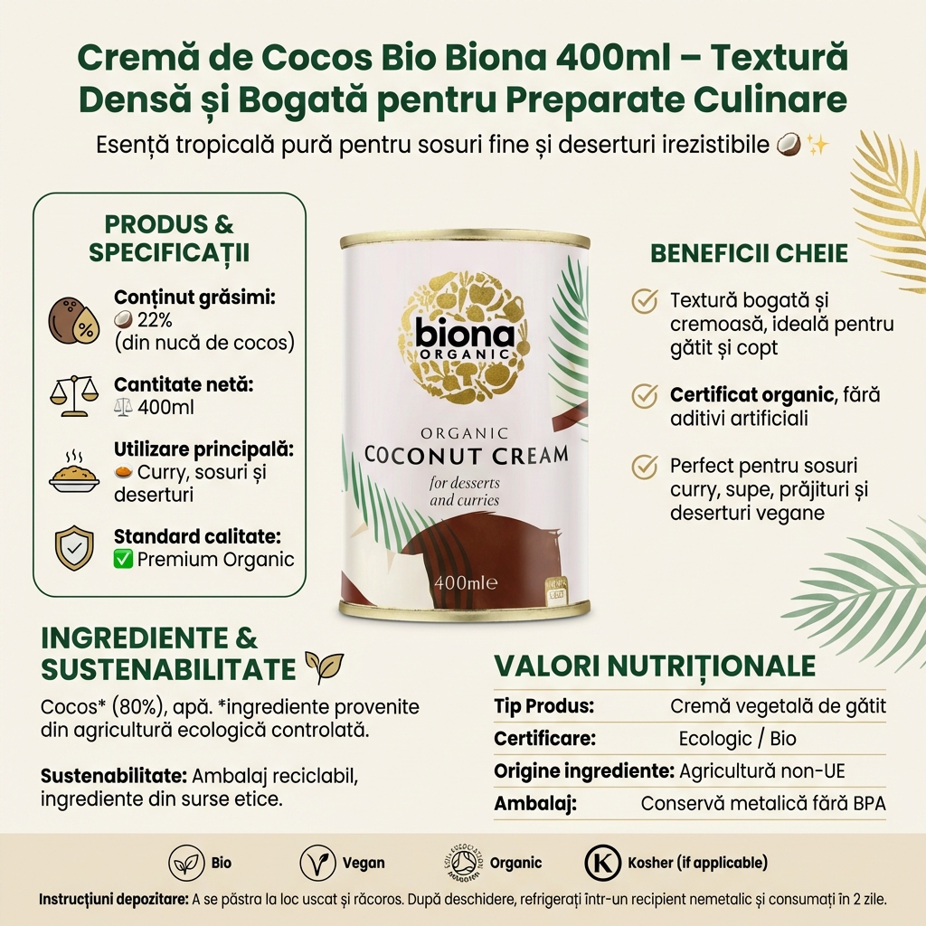 Cremă de Cocos Bio Biona 400ml – Textură Densă și Bogată pentru Preparate Culinare 4