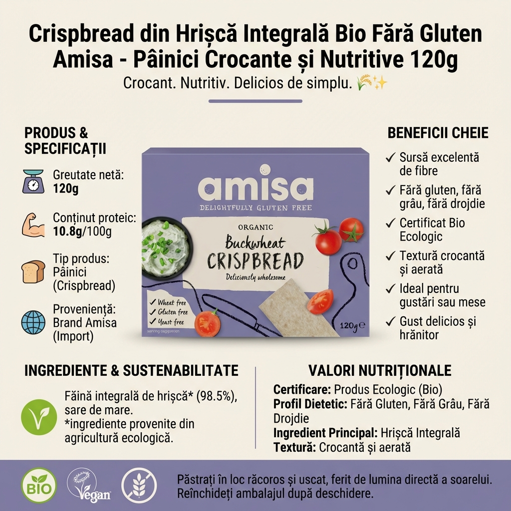 Crispbread din Hrișcă Integrală Bio Fără Gluten Amisa - Pâinici Crocante și Nutritive 120g 4
