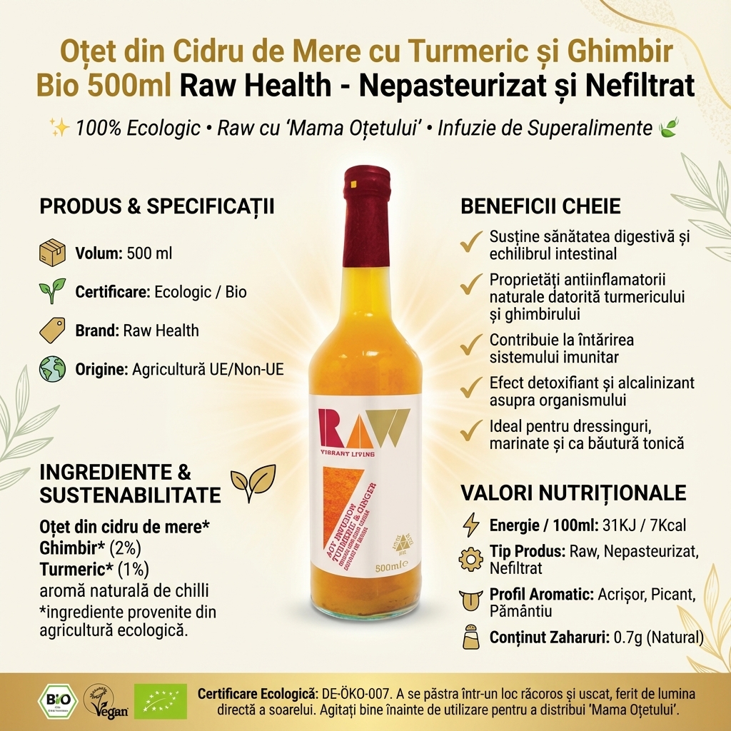 Oțet din Cidru de Mere cu Turmeric și Ghimbir Bio 500ml Raw Health - Nepasteurizat și Nefiltrat 4