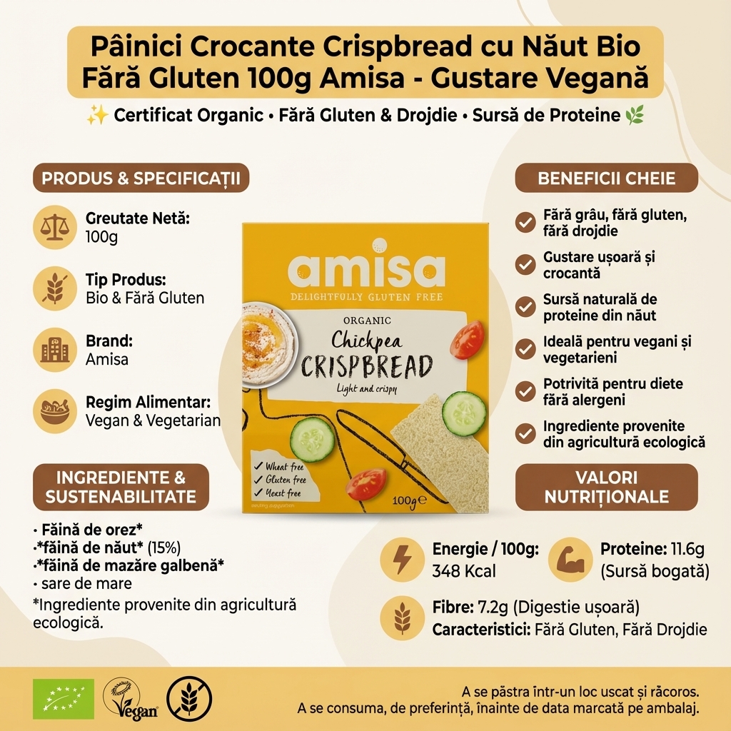Pâinici Crocante Crispbread cu Năut Bio Fără Gluten 100g Amisa - Gustare Vegană 4