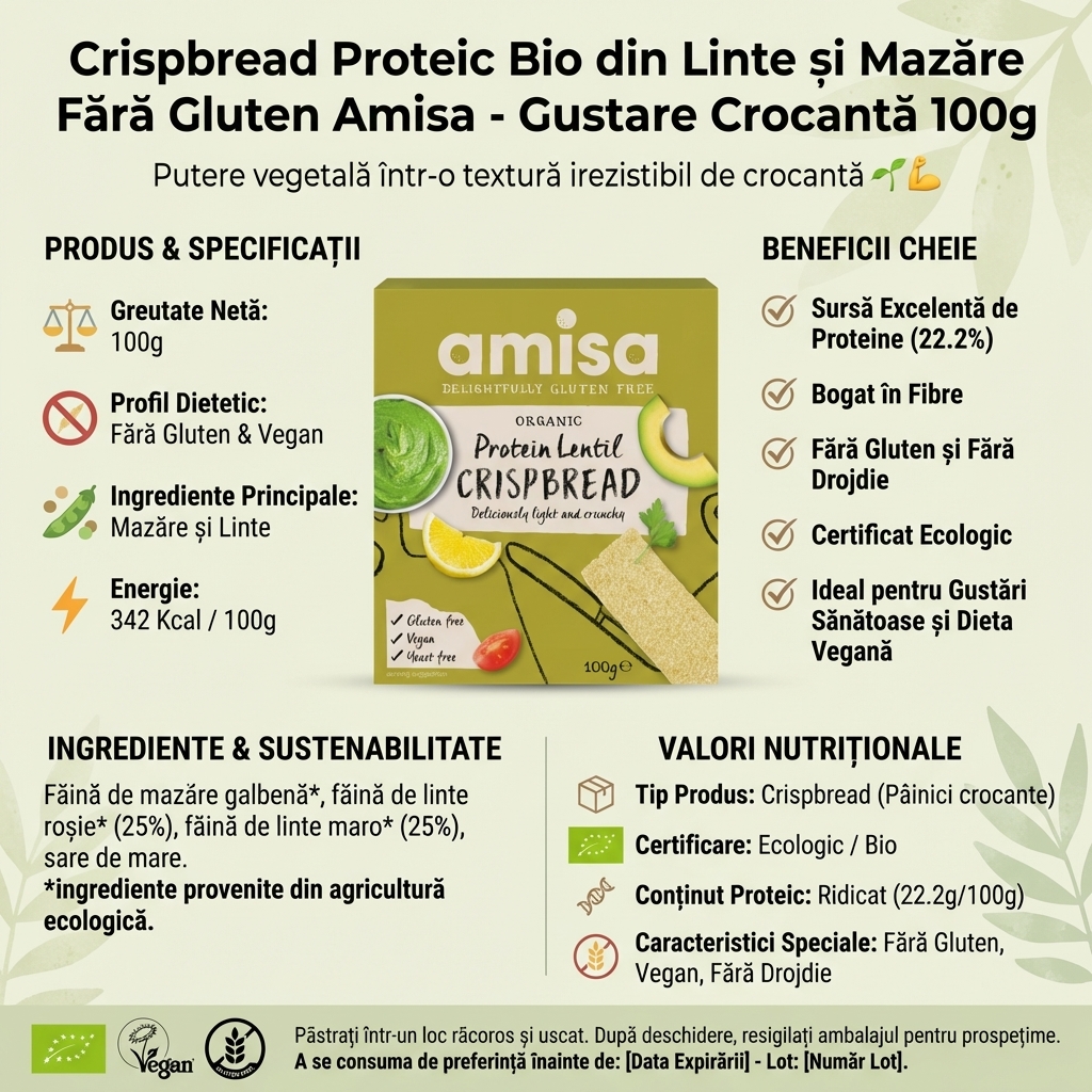 Crispbread Proteic Bio din Linte și Mazăre Fără Gluten Amisa - Gustare Crocantă 100g 4