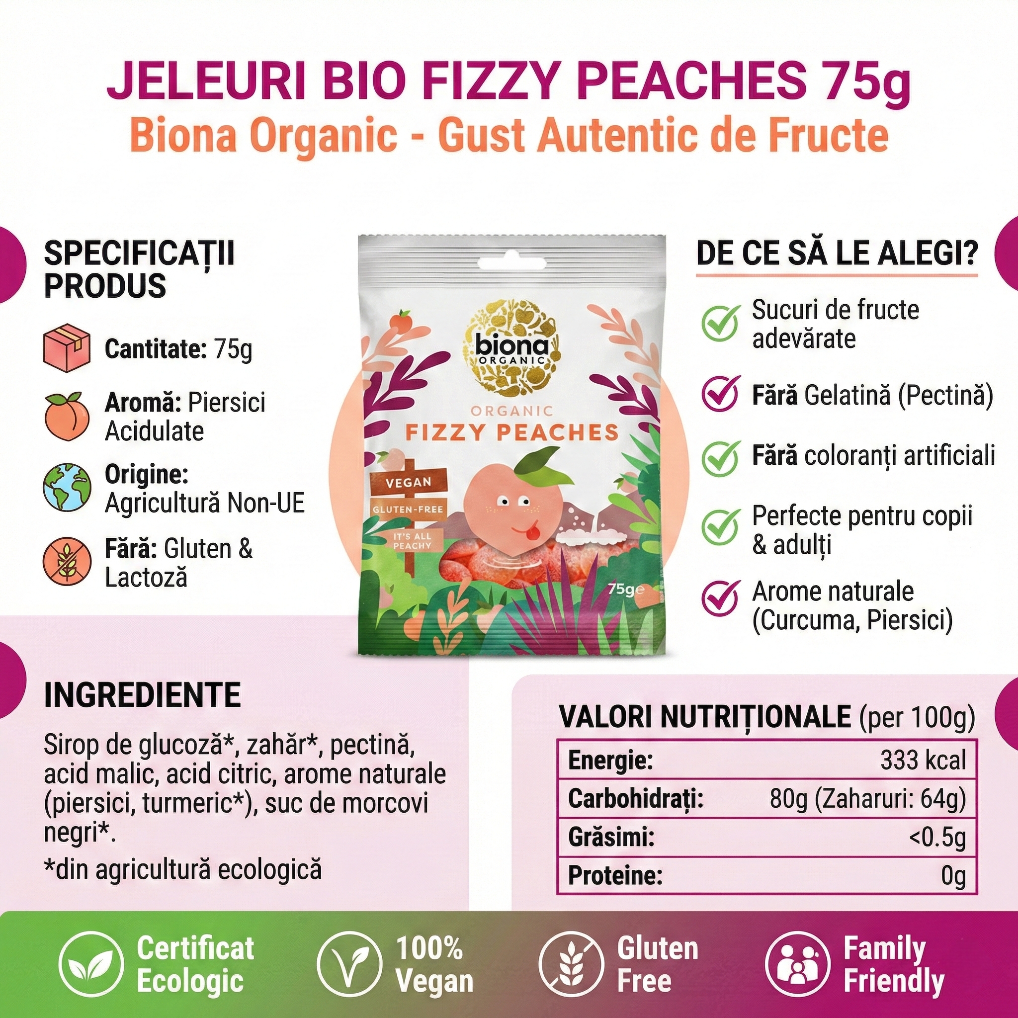 Jeleuri Bio Acidulate cu Aromă de Piersici Biona Organic - Vegan & Fără Gluten 75g 4