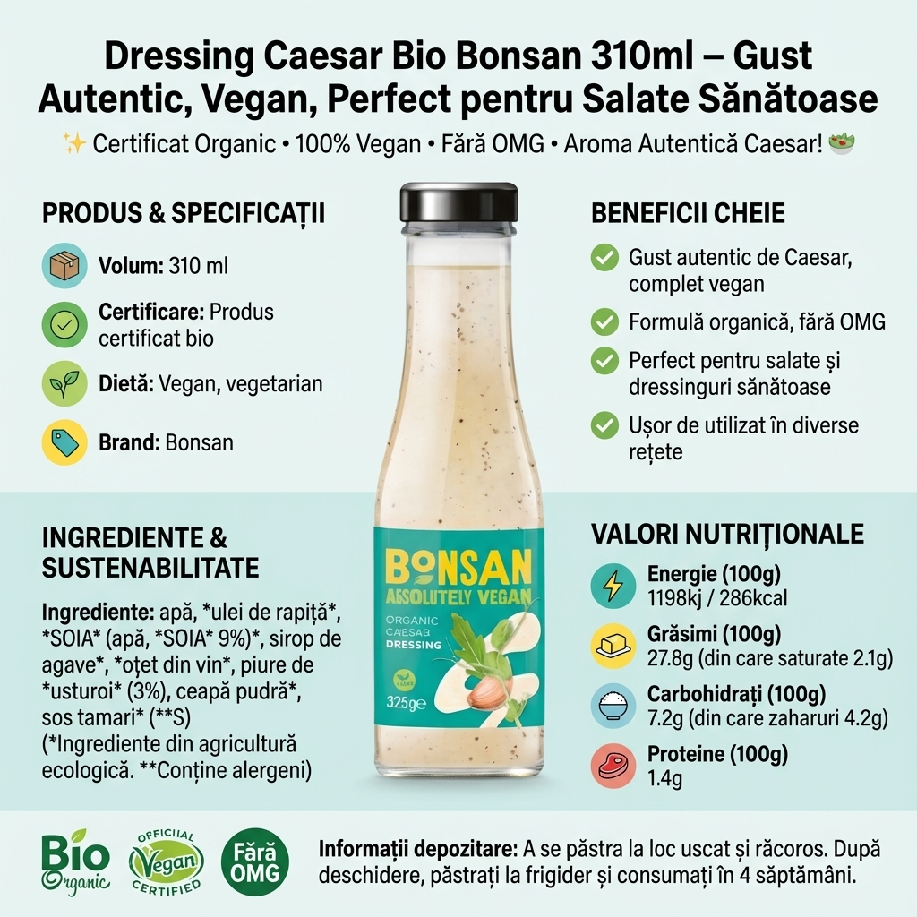 Dressing Caesar Bio Bonsan 310ml – Gust Autentic, Vegan, Perfect pentru Salate Sănătoase 4
