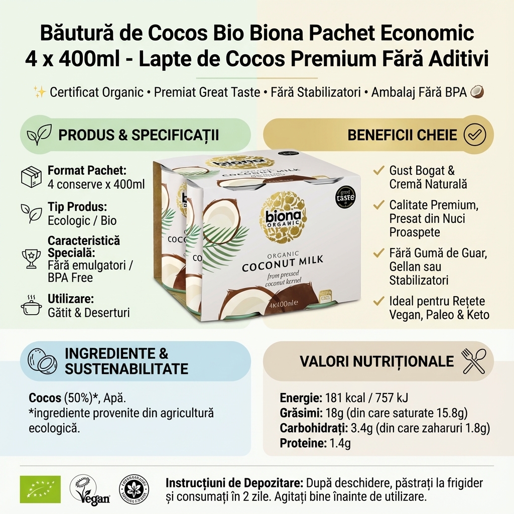 Băutură de Cocos Bio Biona Pachet Economic 4 x 400ml - Lapte de Cocos Premium Fără Aditivi 4