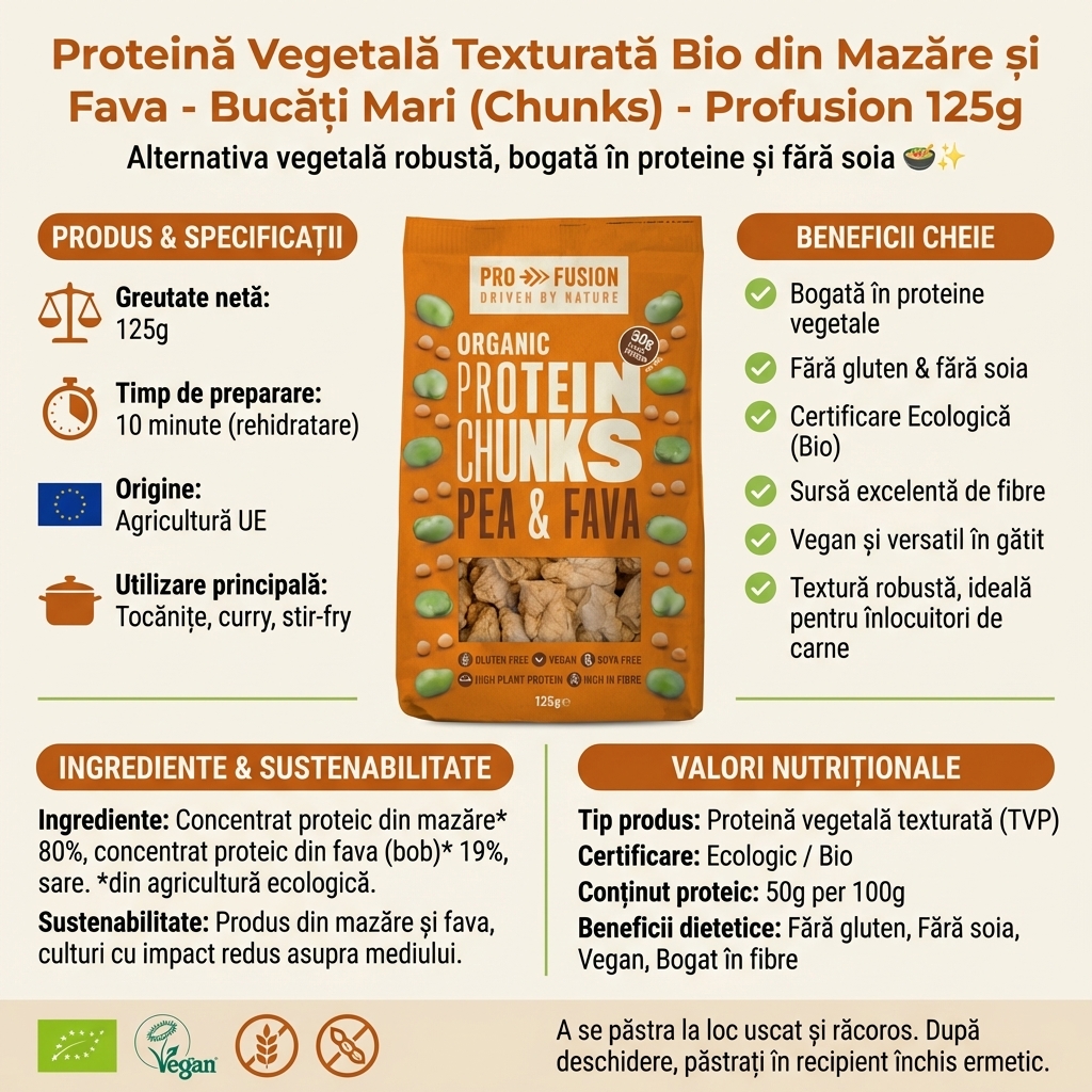 Proteină Vegetală Texturată Bio din Mazăre și Fava - Bucăți Mari (Chunks) - Profusion 125g 4