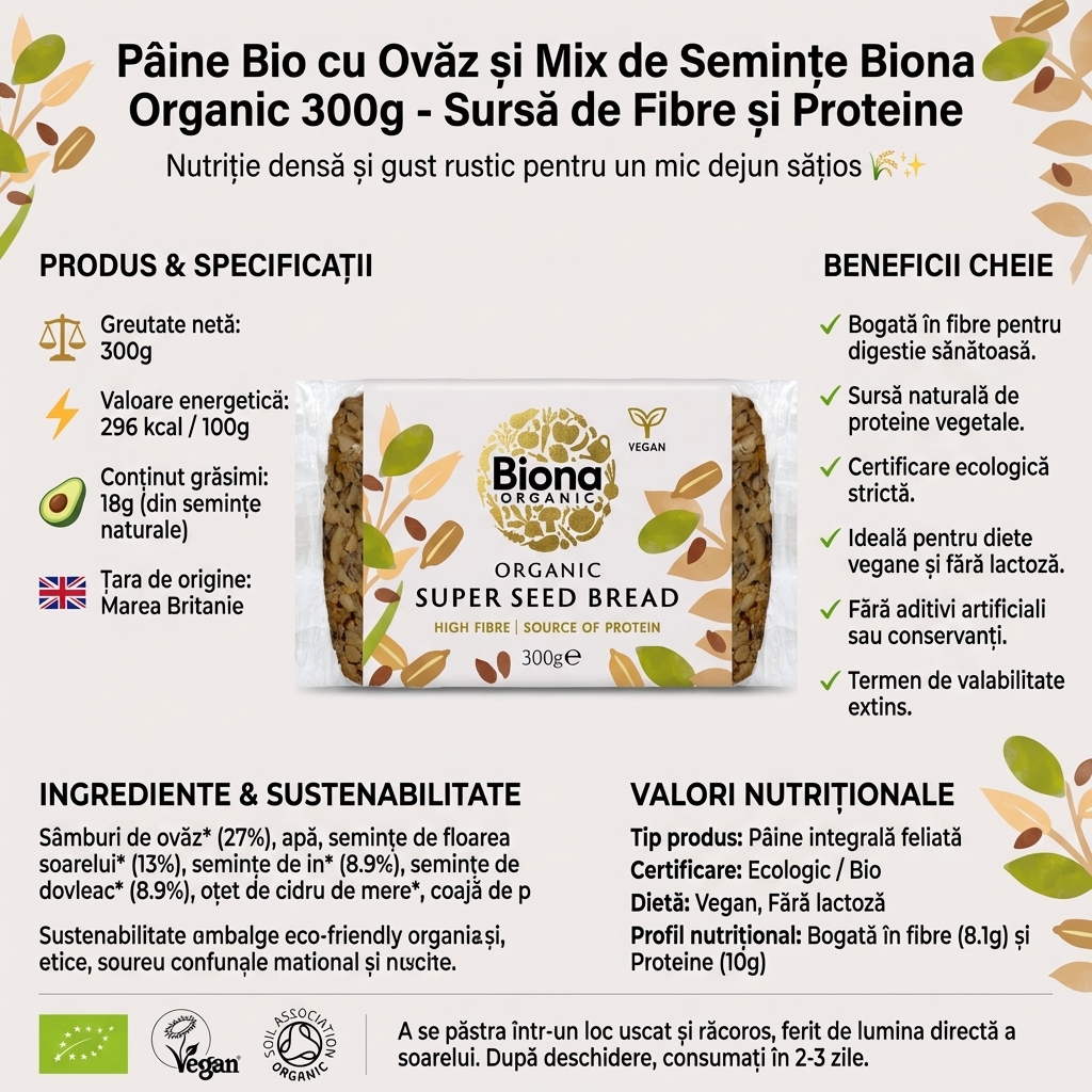 Pâine Bio cu Ovăz și Mix de Semințe Biona Organic 300g - Sursă de Fibre și Proteine 4