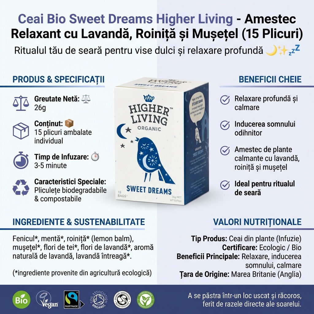 Ceai Bio Sweet Dreams Higher Living - Amestec Relaxant cu Lavandă, Roiniță și Mușețel (15 Plicuri) 4