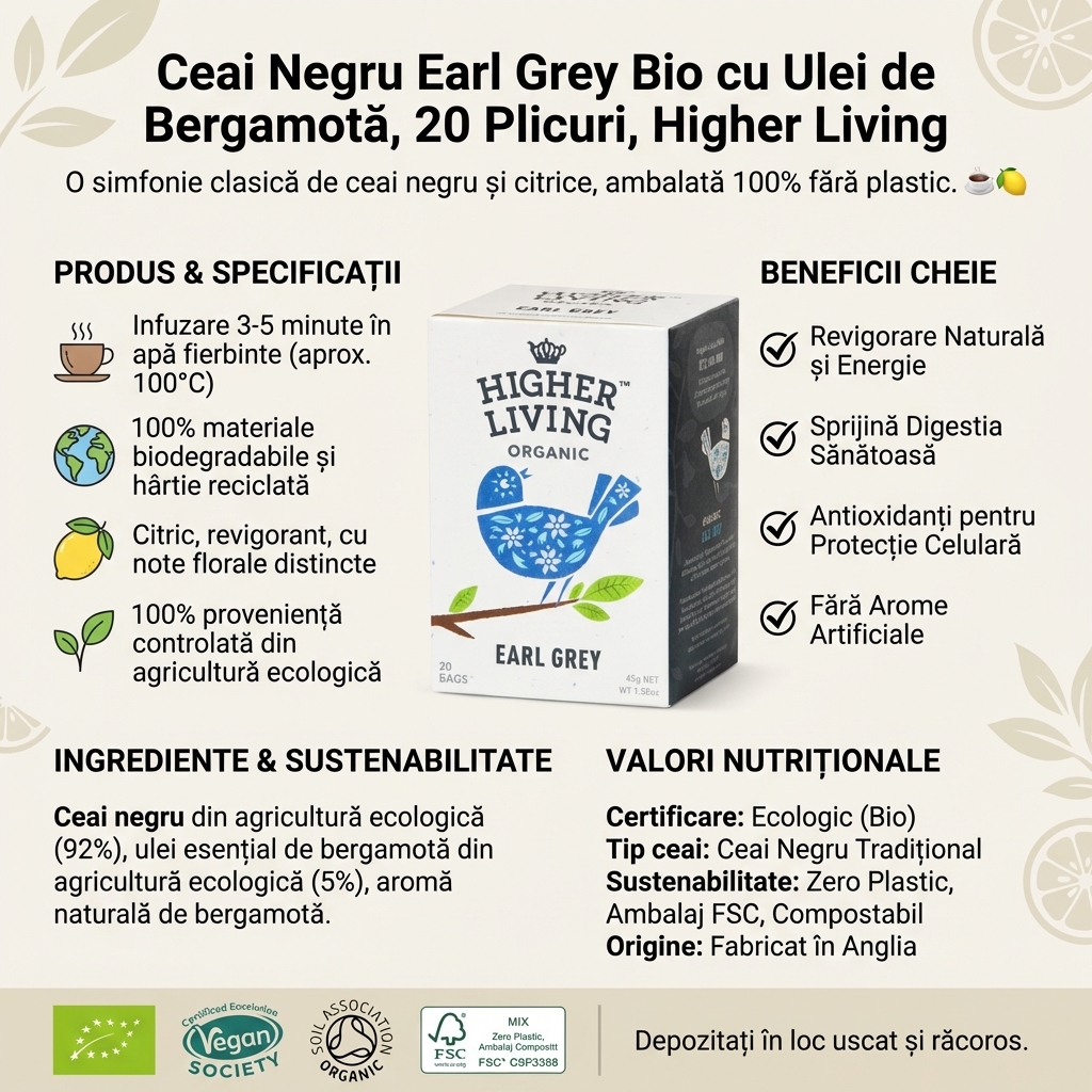 Ceai Negru Earl Grey Bio cu Ulei de Bergamotă, 20 Plicuri, Higher Living 4