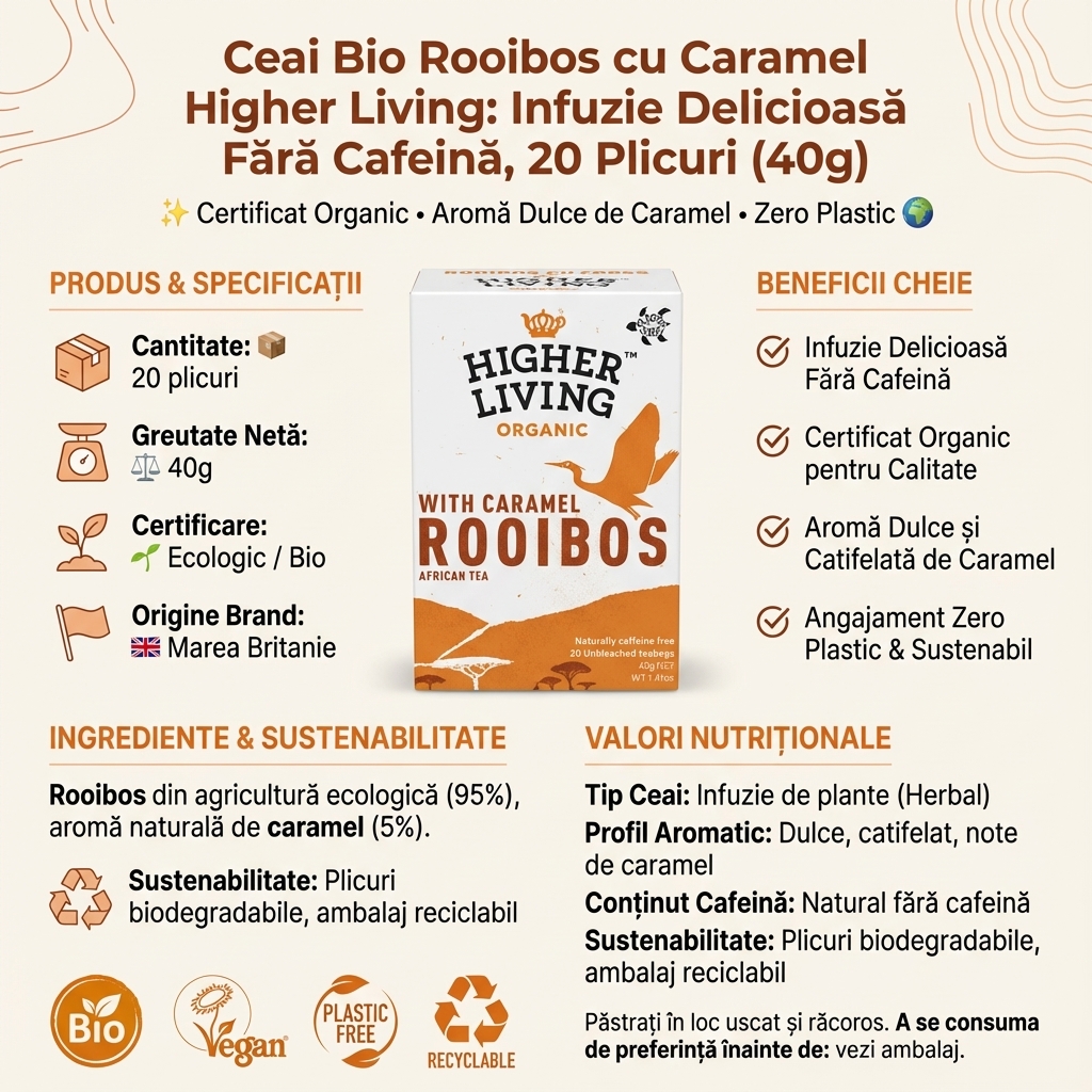 Ceai Bio Rooibos cu Caramel Higher Living: Infuzie Delicioasă Fără Cafeină, 20 Plicuri (40g) 4