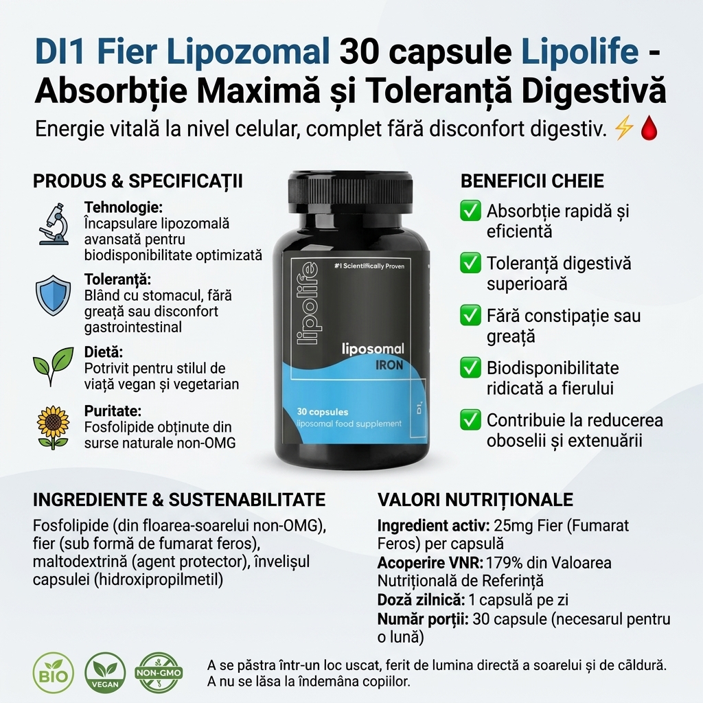 DI1 Fier Lipozomal 30 capsule Lipolife - Absorbție Maximă și Toleranță Digestivă 4