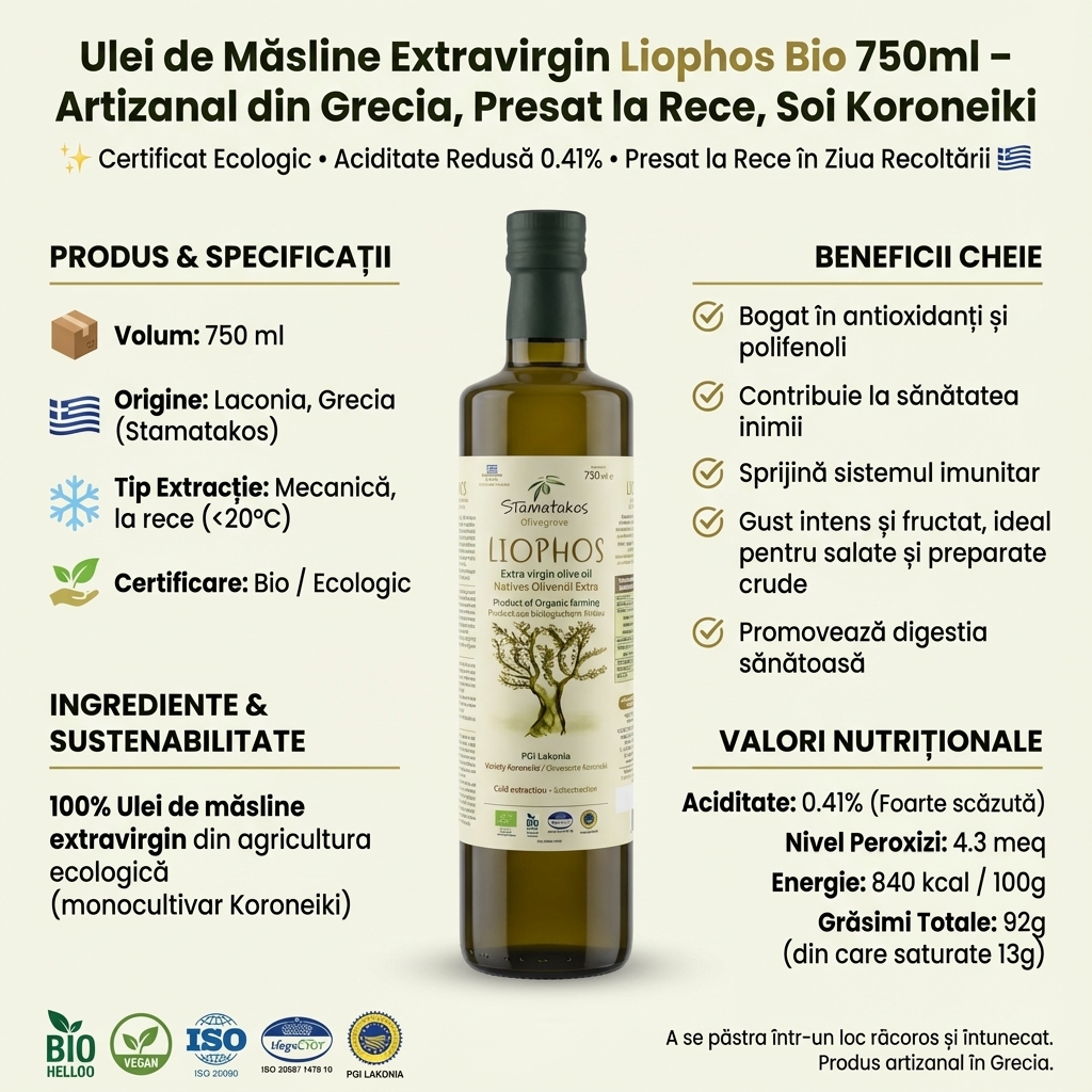 Ulei de Măsline Extravirgin Liophos Bio 750ml – Artizanal din Grecia, Presat la Rece, Soi Koroneiki 4