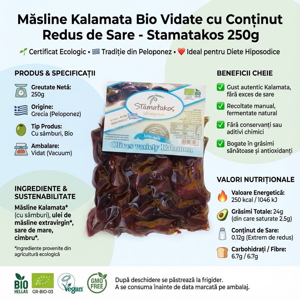 Măsline Kalamata Bio Vidate cu Conținut Redus de Sare - Stamatakos 250g 4