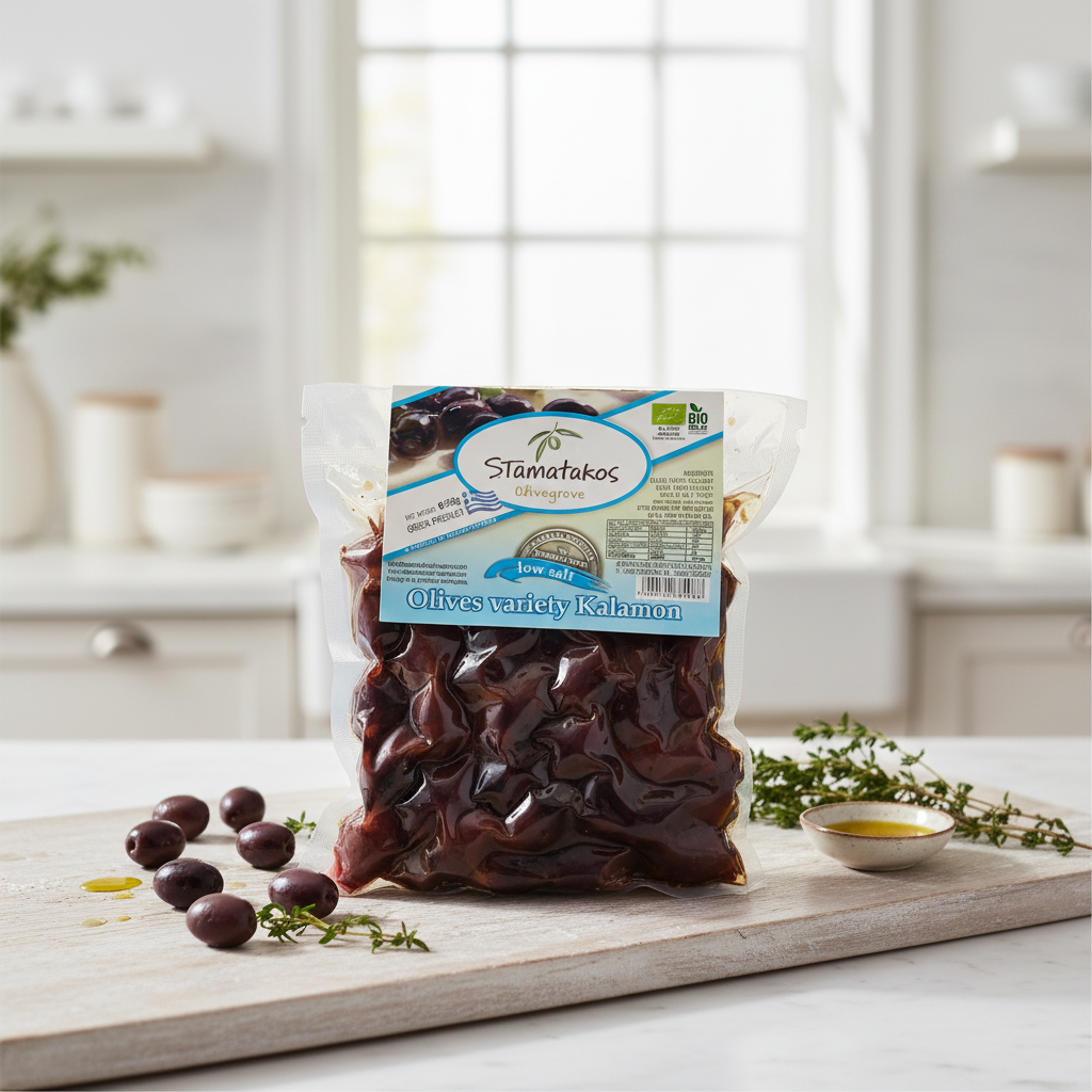 Măsline Kalamata Bio Vidate cu Conținut Redus de Sare - Stamatakos 250g