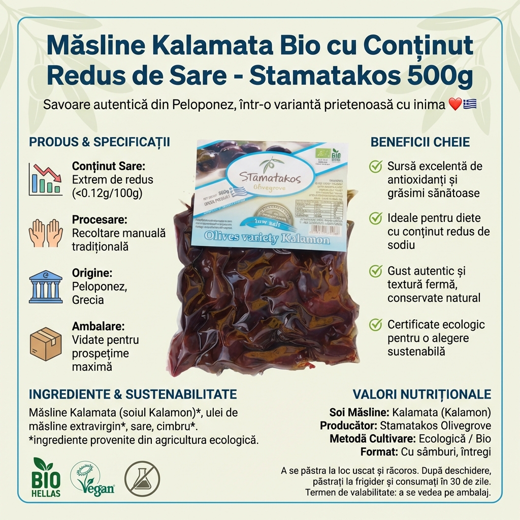 Măsline Kalamata Bio cu Conținut Redus de Sare - Stamatakos 500g 4