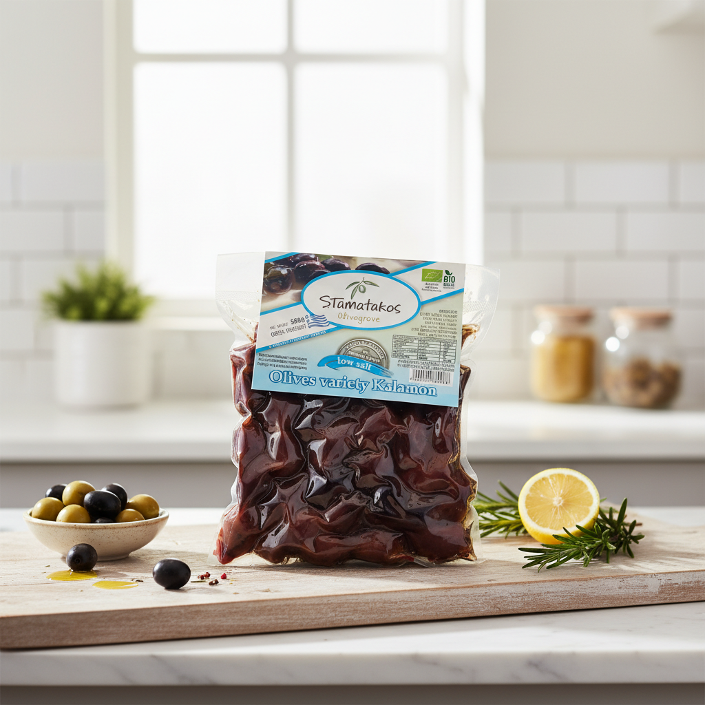 Măsline Kalamata Bio cu Conținut Redus de Sare - Stamatakos 500g