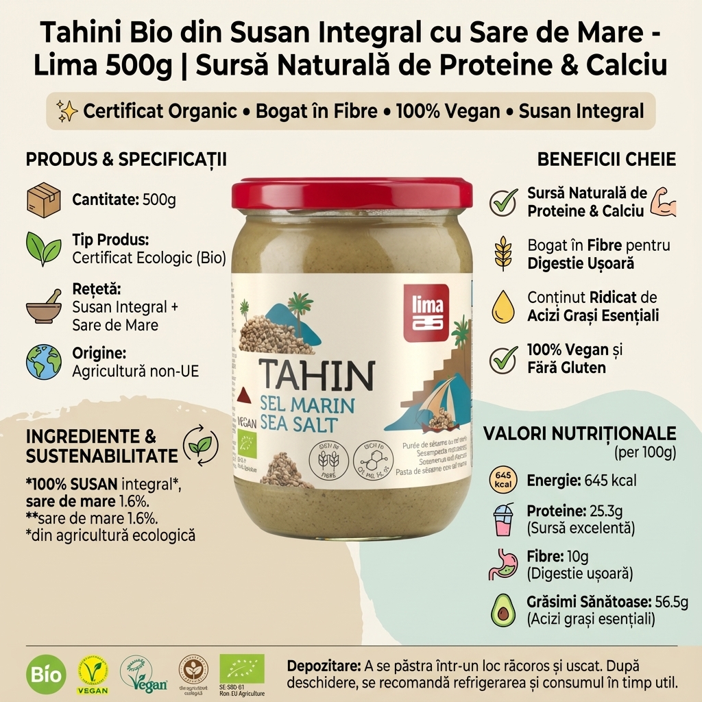Tahini Bio din Susan Integral cu Sare de Mare - Lima 500g | Sursă Naturală de Proteine & Calciu 4