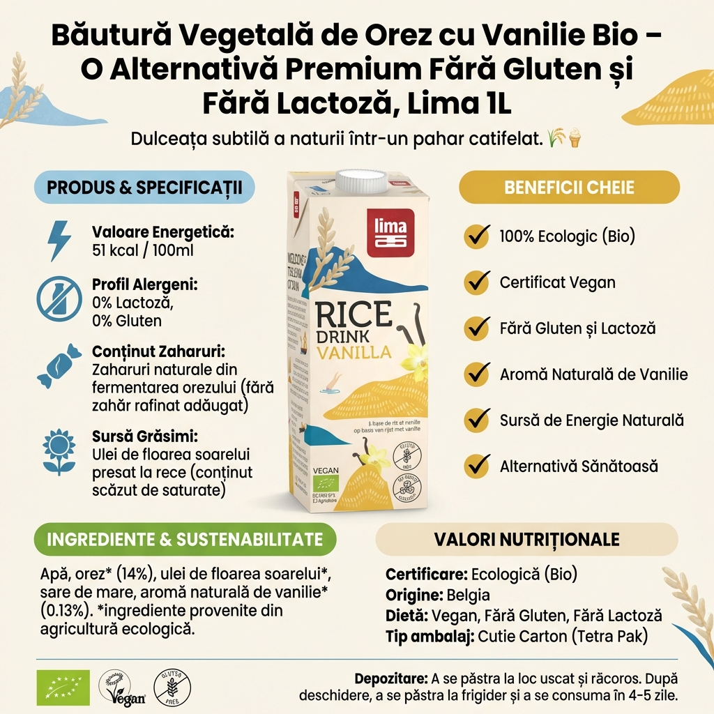 Băutură Vegetală de Orez cu Vanilie Bio – O Alternativă Premium Fără Gluten și Fără Lactoză, Lima 1L 4