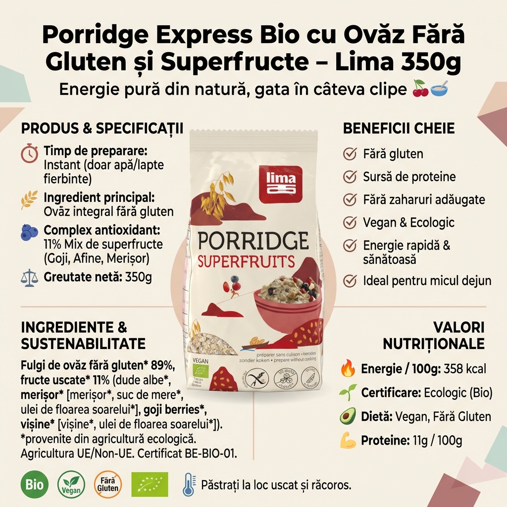Porridge Express Bio cu Ovăz Fără Gluten și Superfructe - Lima 350g 4