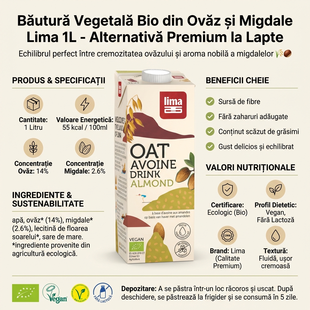 Băutură Vegetală Bio din Ovăz și Migdale Lima 1L - Alternativă Premium la Lapte 4