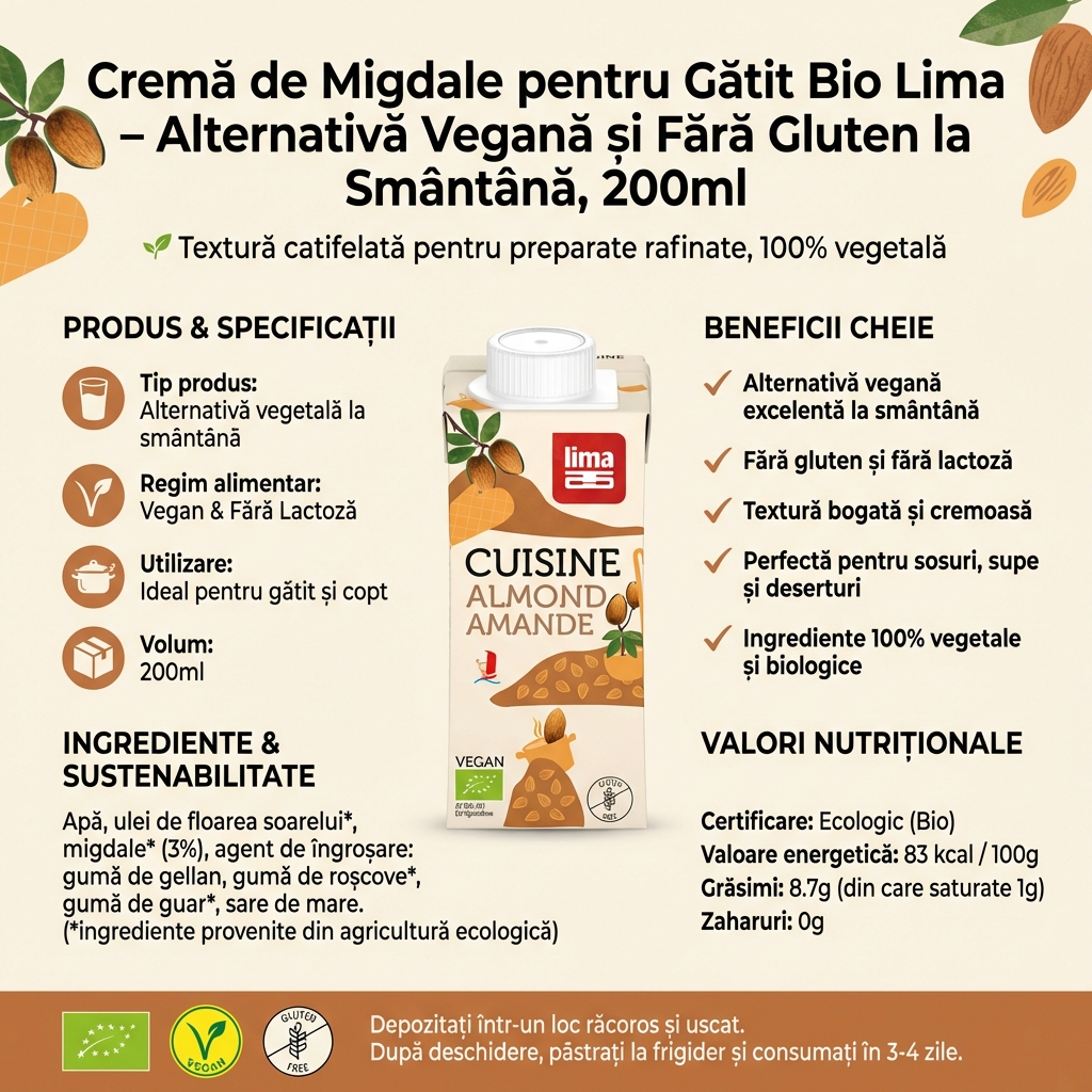 Cremă de Migdale pentru Gătit Bio Lima – Alternativă Vegană și Fără Gluten la Smântână, 200ml 4