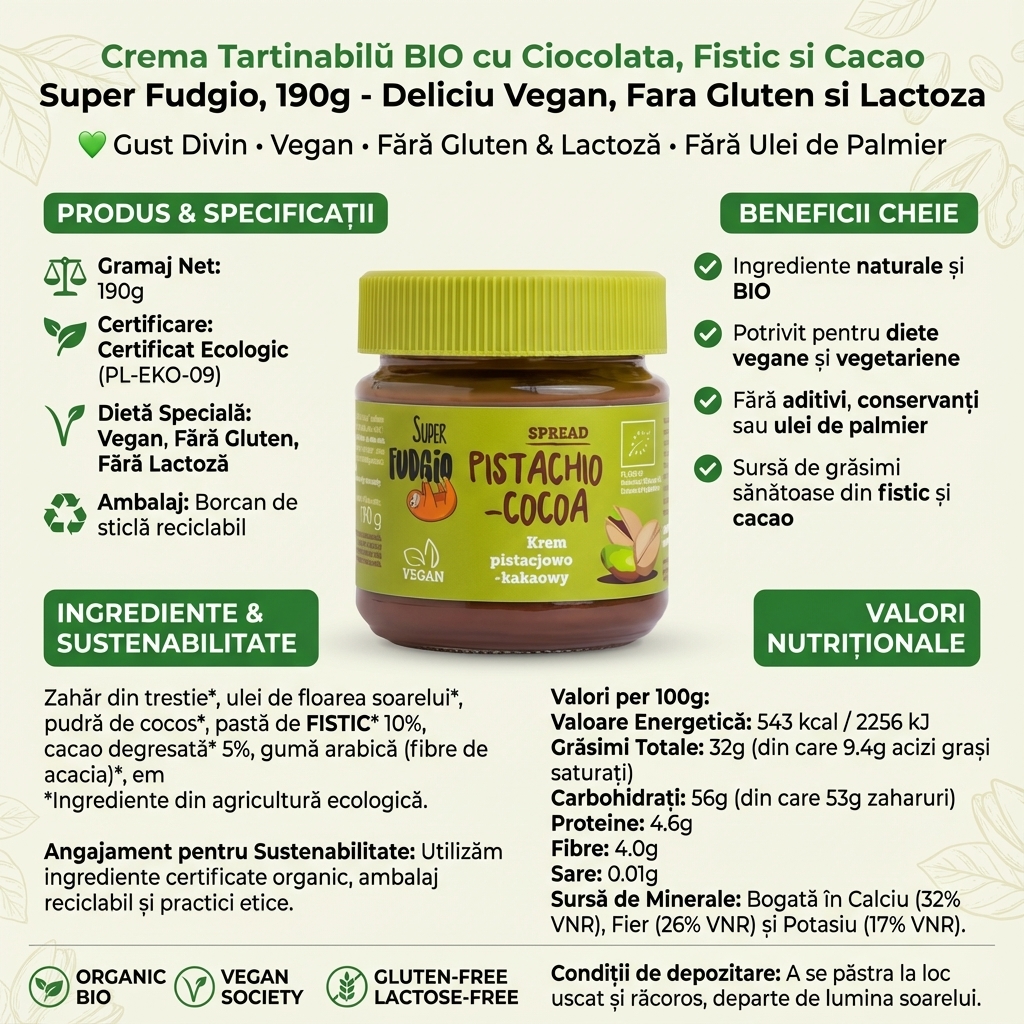 Crema Tartinabila BIO cu Ciocolata, Fistic si Cacao Super Fudgio, 190g - Deliciu Vegan, Fara Gluten si Lactoza 4