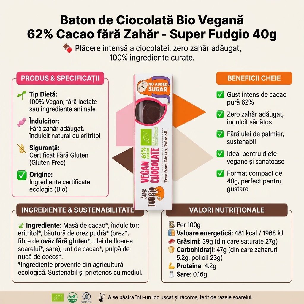 Baton de Ciocolată Bio Vegană 62% Cacao fără Zahăr - Super Fudgio 40g 4