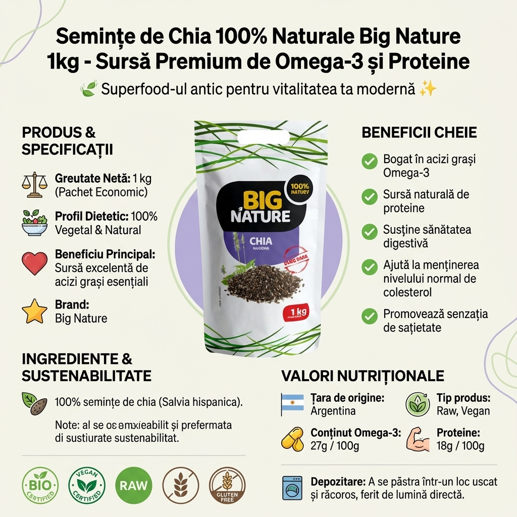 Semințe de Chia 100% Naturale Big Nature 1kg - Sursă Premium de Omega-3 și Proteine 4