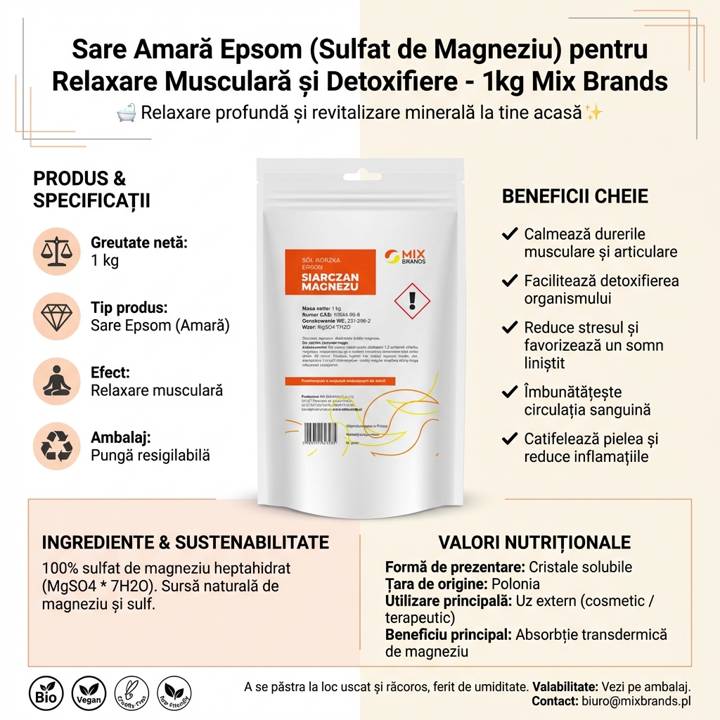 Sare Amară Epsom (Sulfat de Magneziu) pentru Relaxare Musculară și Detoxifiere - 1kg Mix Brands 4