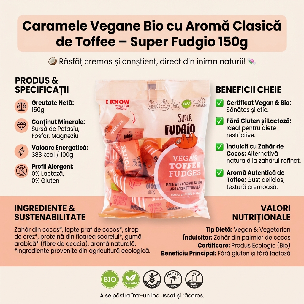 Caramele Vegane Bio cu Aromă Clasică de Toffee – Super Fudgio 150g 4