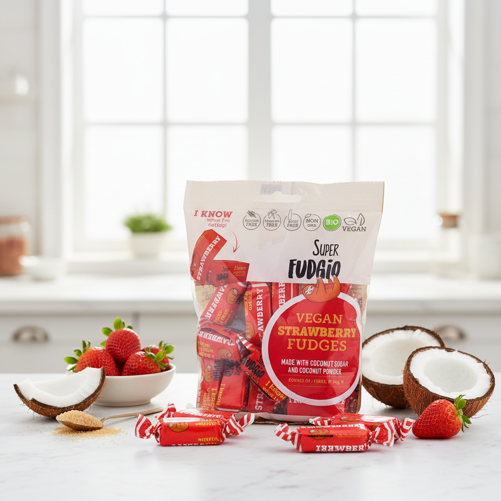 Caramele Bio cu Aromă de Căpșuni și Zahăr de Cocos - Super Fudgio 150g 2