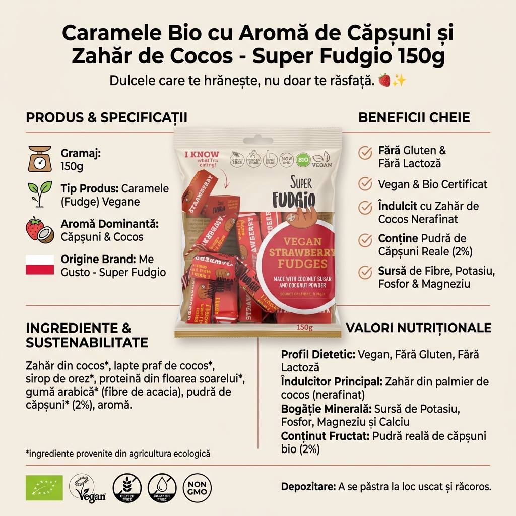 Caramele Bio cu Aromă de Căpșuni și Zahăr de Cocos - Super Fudgio 150g 4