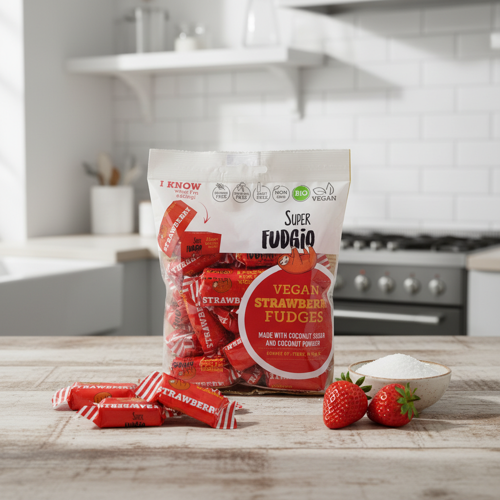 Caramele Bio cu Aromă de Căpșuni și Zahăr de Cocos - Super Fudgio 150g