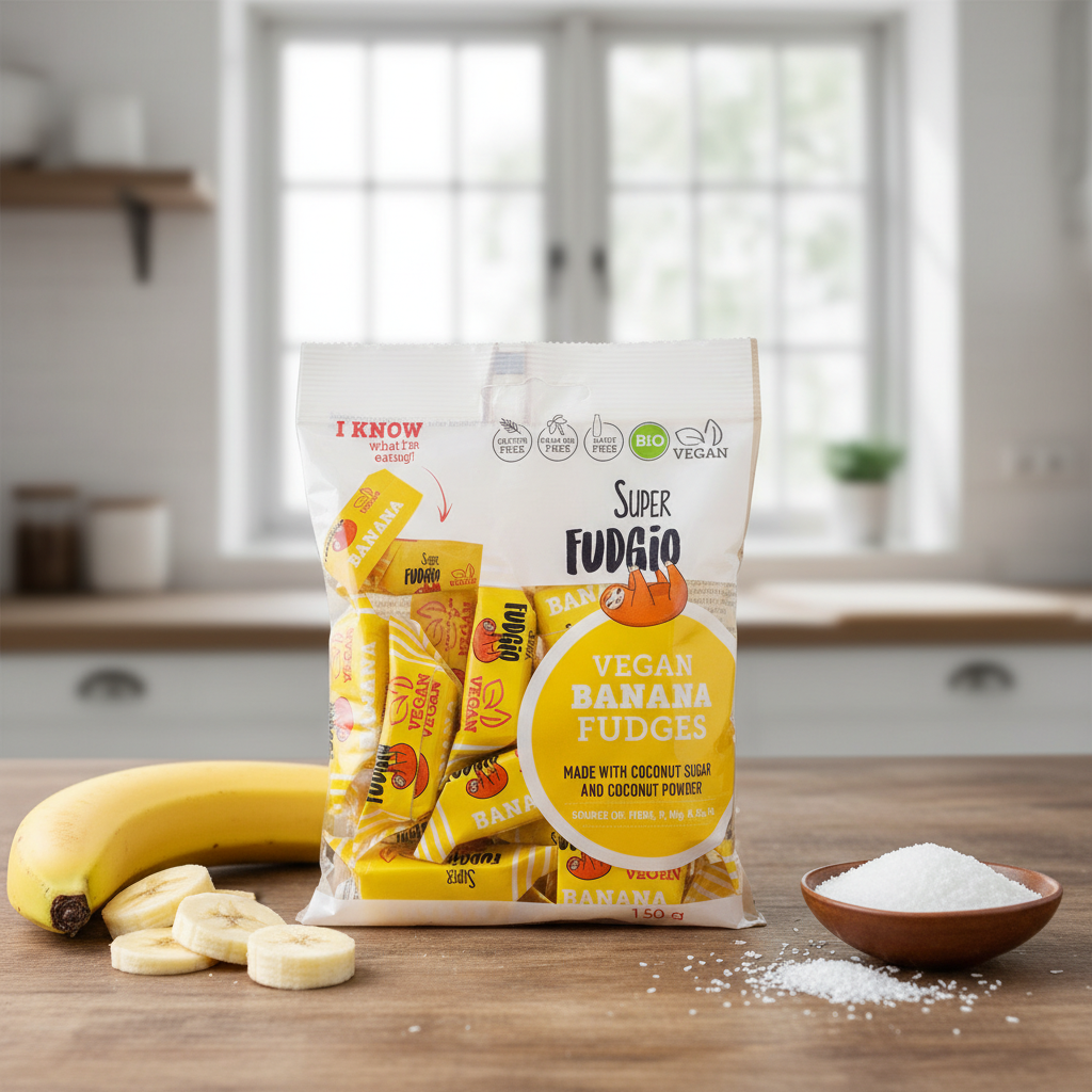 Caramele Bio Super Fudgio cu Aromă de Banane – Dulciuri Vegane Fără Gluten 150g