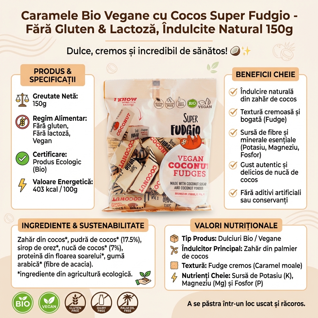 Caramele Bio Vegane cu Cocos Super Fudgio - Fără Gluten & Lactoză, Îndulcite Natural 150g 4