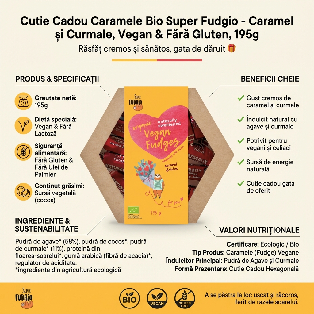 Cutie Cadou Caramele Bio Super Fudgio - Caramel și Curmale, Vegan & Fără Gluten, 195g 4