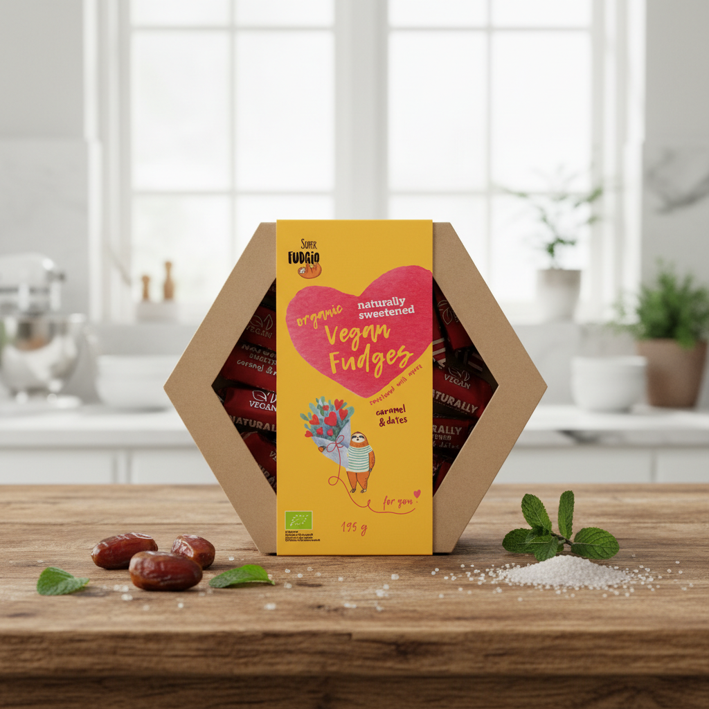 Cutie Cadou Caramele Bio Super Fudgio - Caramel și Curmale, Vegan & Fără Gluten, 195g