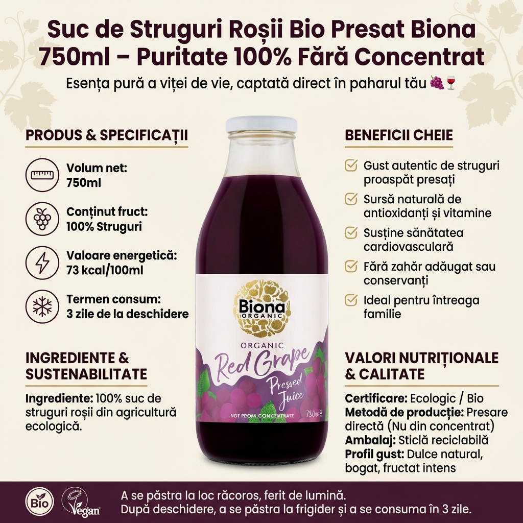Suc de Struguri Roșii Bio Presat Biona 750ml – Puritate 100% Fără Concentrat 4