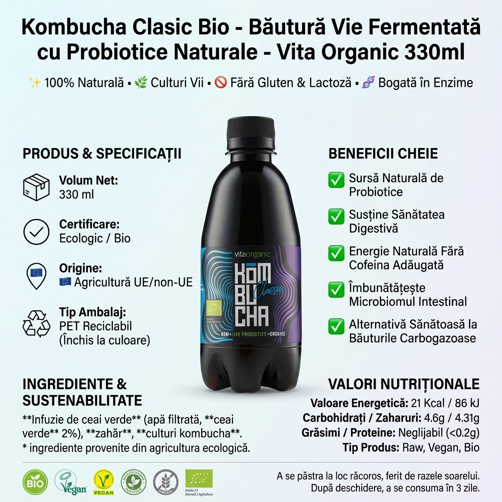 Kombucha Clasic Bio - Băutură Vie Fermentată cu Probiotice Naturale - Vita Organic 330ml 4