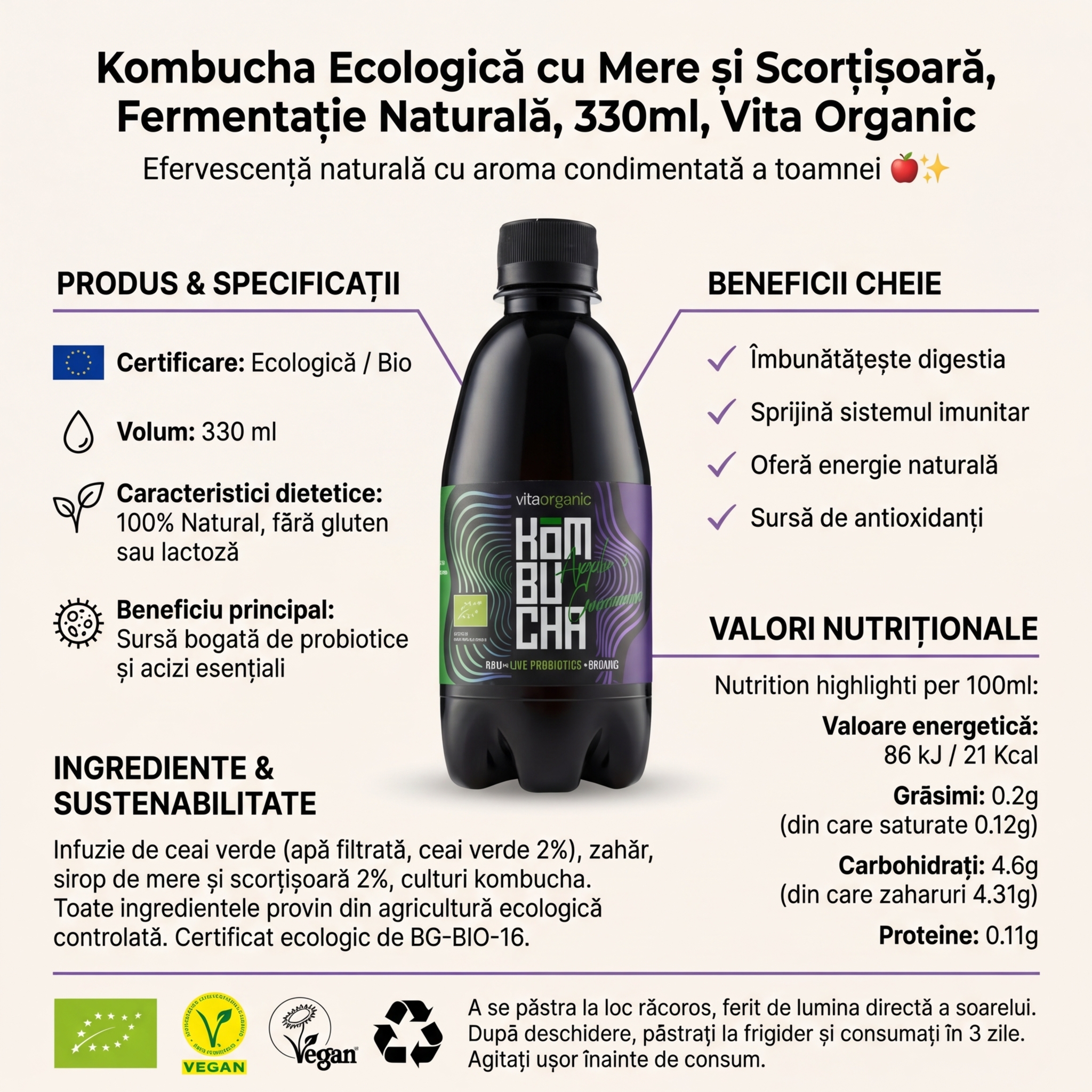 Kombucha Ecologică cu Mere și Scorțișoară, Fermentație Naturală, 330ml, Vita Organic 4
