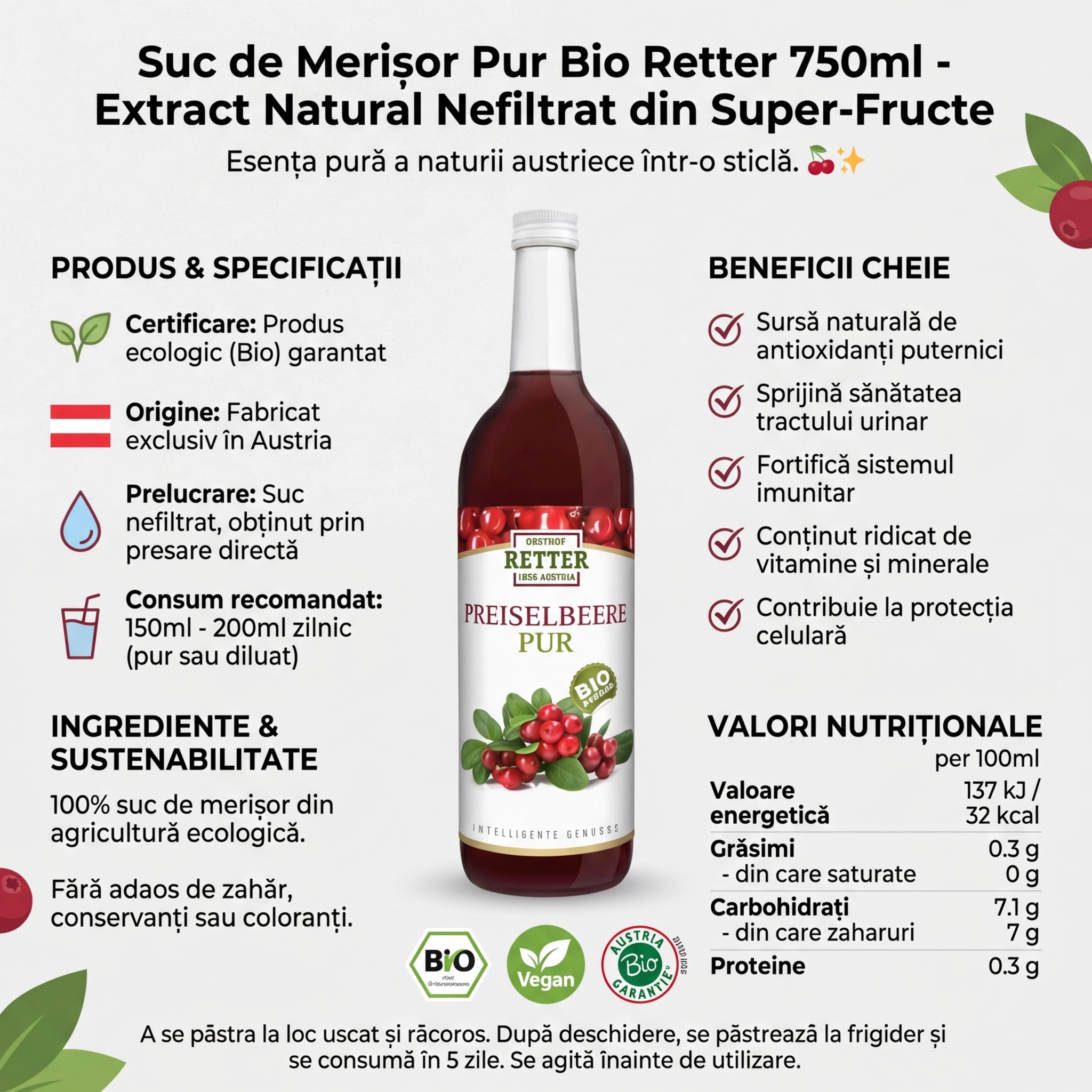 Suc de Merișor Pur Bio Retter 750ml - Extract Natural Nefiltrat din Super-Fructe 4