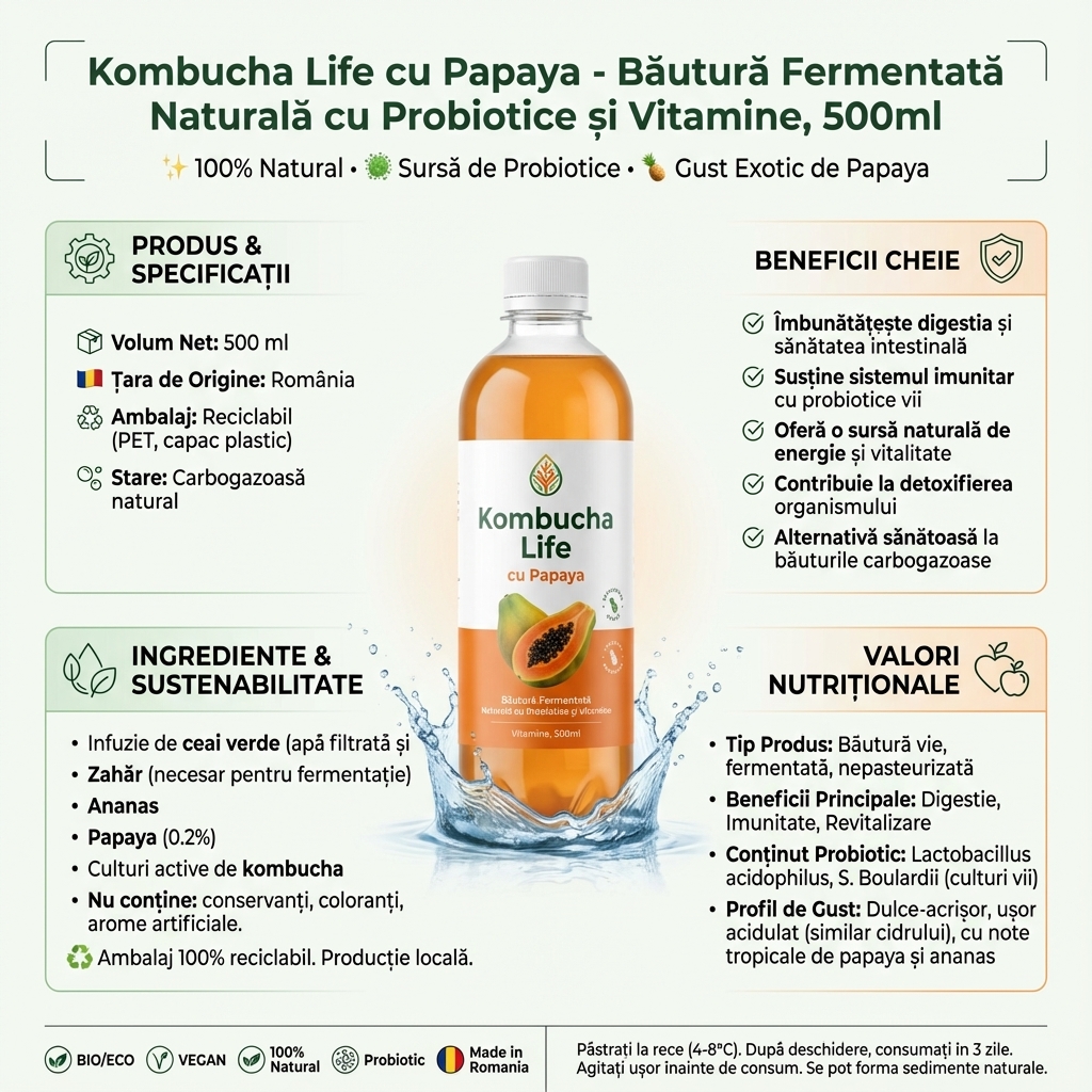 Kombucha Life cu Papaya - Băutură Fermentată Naturală cu Probiotice și Vitamine, 500ml 4