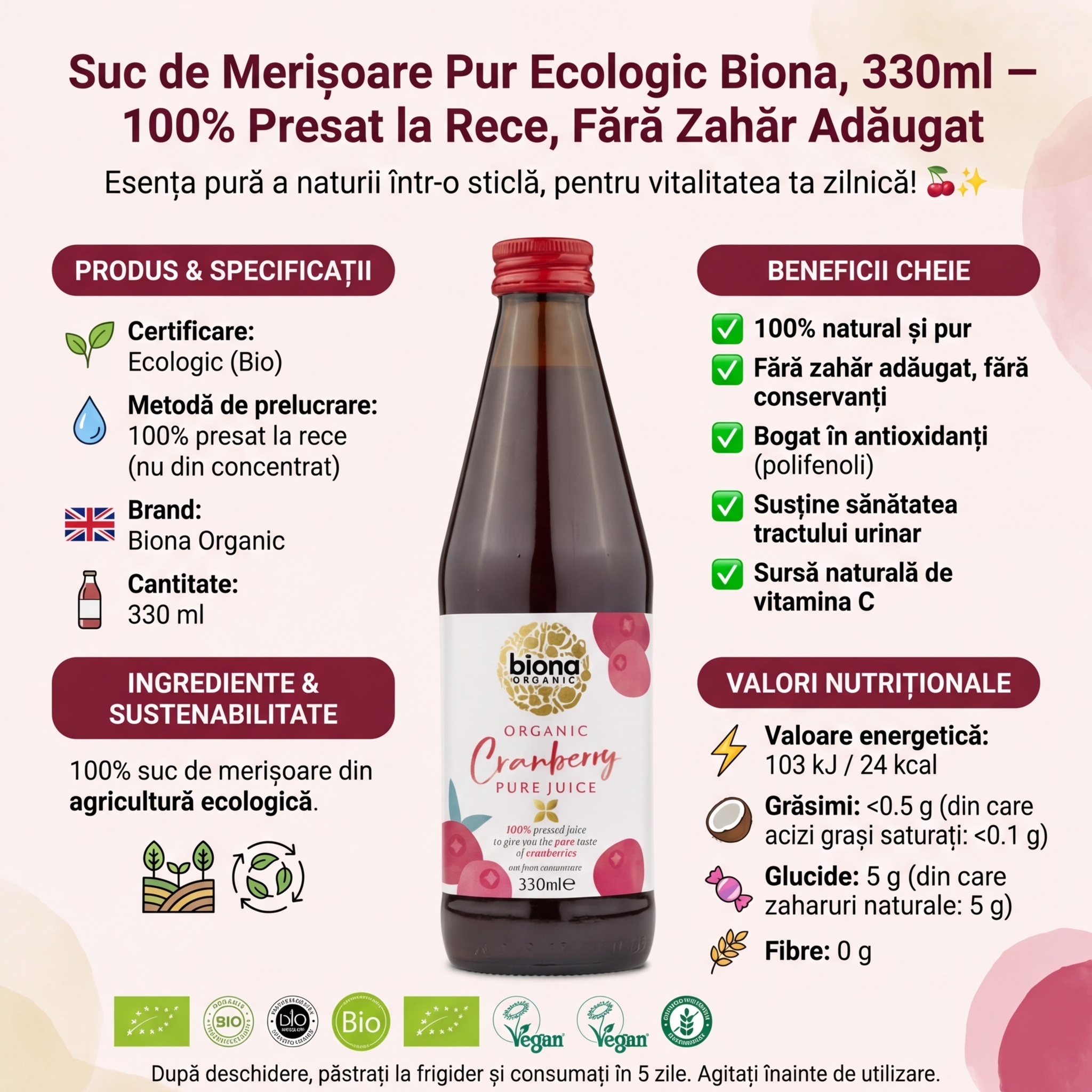 Suc de Merișoare Pur Ecologic Biona, 330ml – 100% Presat la Rece, Fără Zahăr Adăugat 4