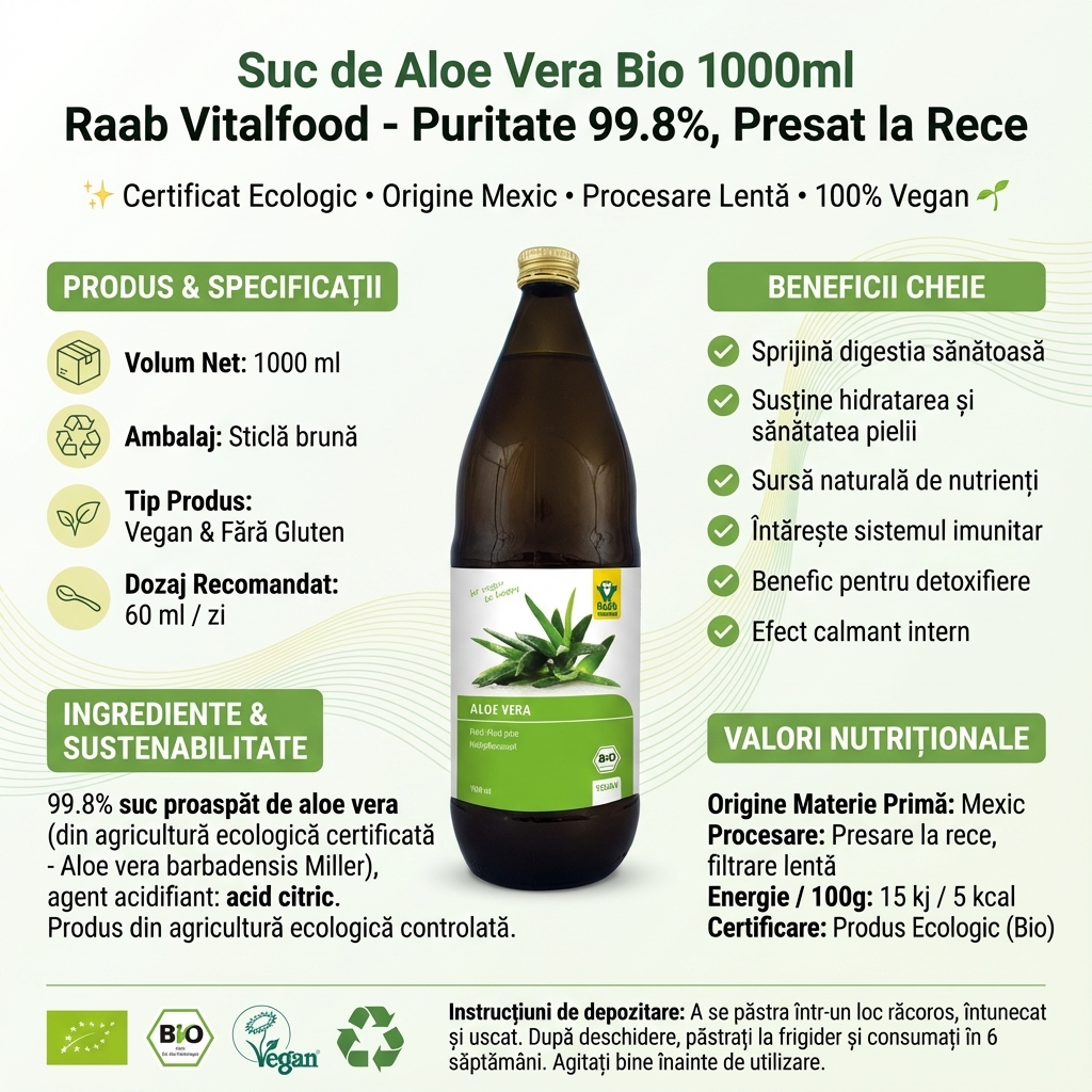 Suc de Aloe Vera Bio 1000ml Raab Vitalfood - Puritate 99.8%, Presat la Rece 4