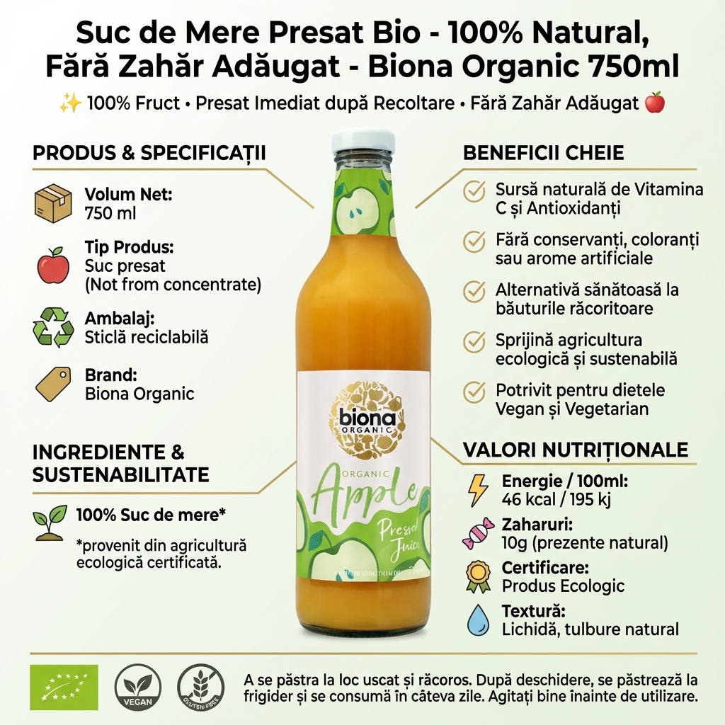 Suc de Mere Presat Bio - 100% Natural, Fără Zahăr Adăugat - Biona Organic 750ml 4