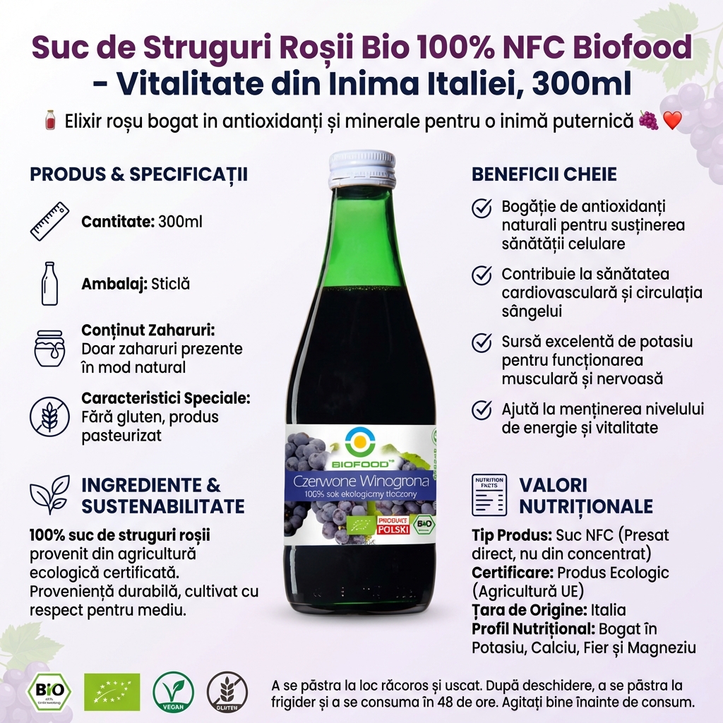 Suc de Struguri Roșii Bio 100% NFC Biofood - Vitalitate din Inima Italiei, 300ml 4