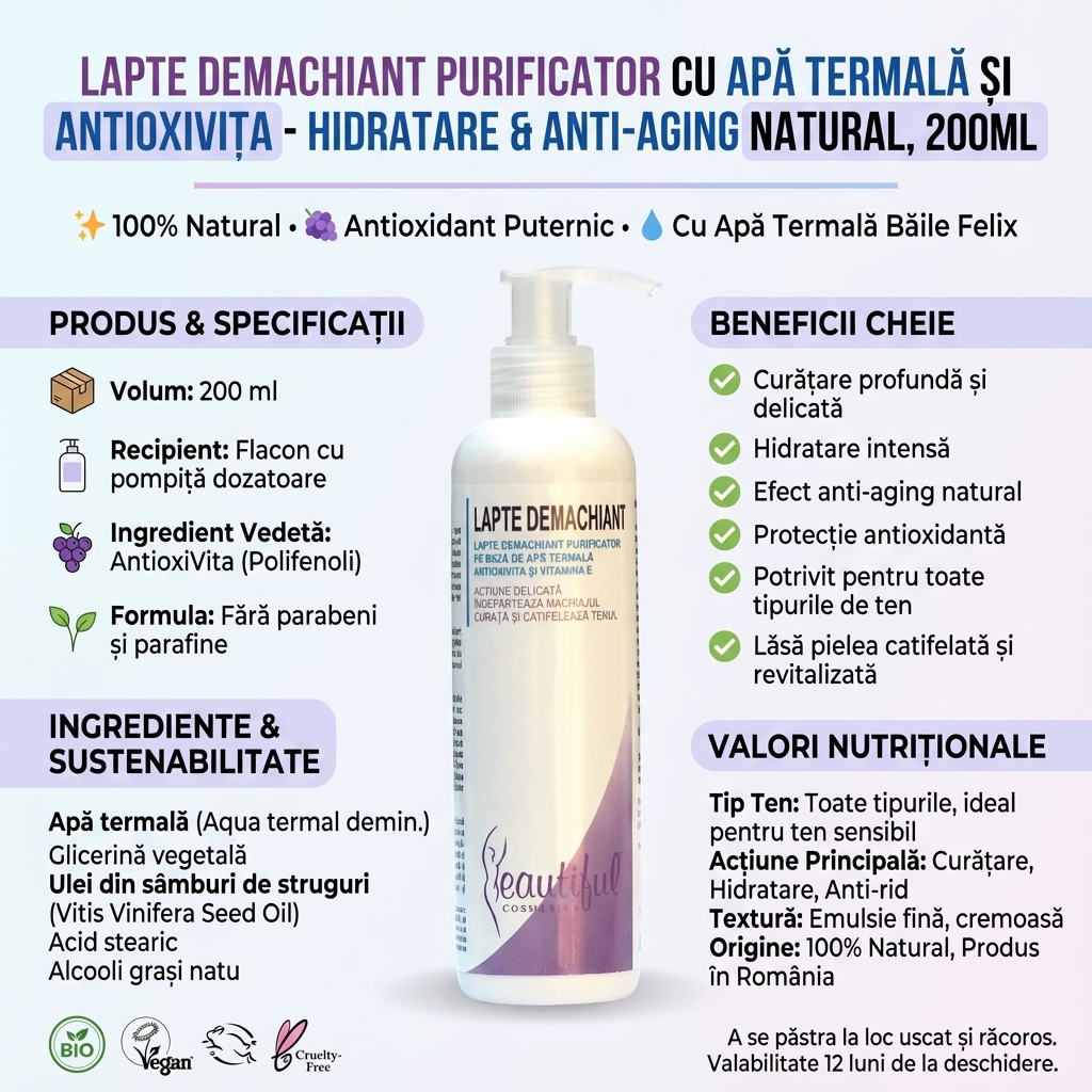 Lapte Demachiant Purificator cu Apă Termală și AntioxiVita - Hidratare & Anti-Aging Natural, 200ml 4