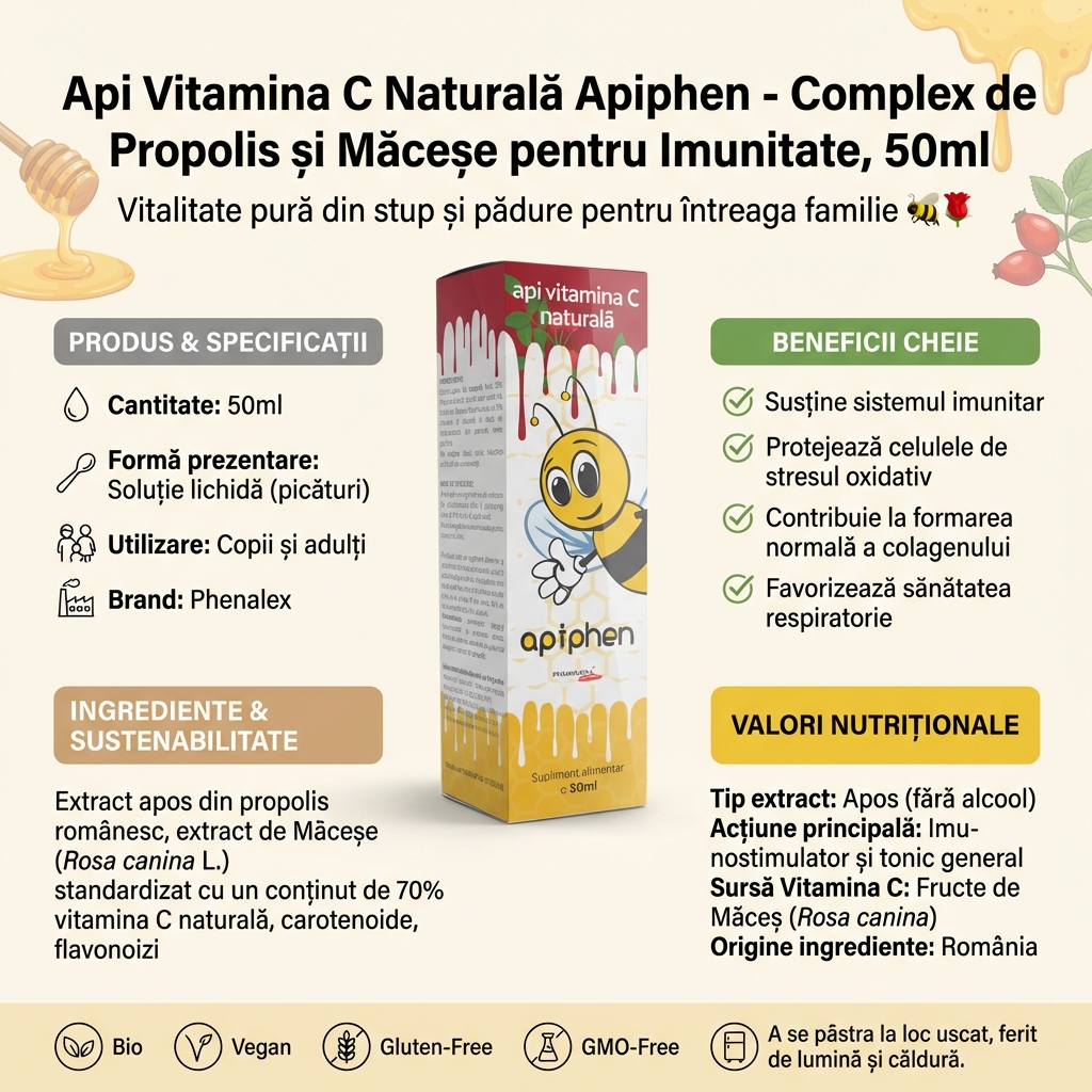 Api Vitamina C Naturală Apiphen - Complex de Propolis și Măceșe pentru Imunitate, 50ml 4